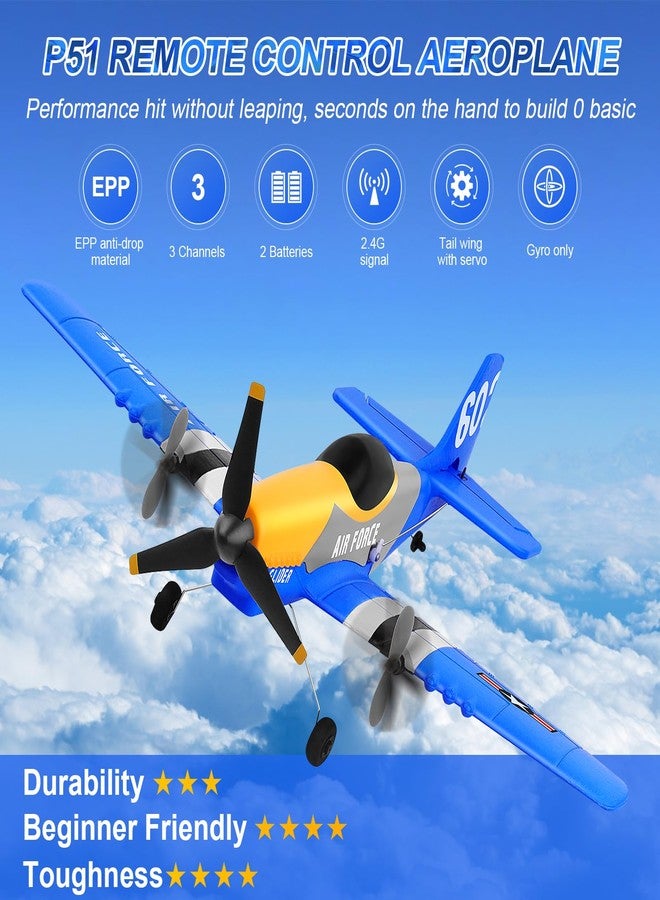 Beffkkip طائرة بيفكيب للتحكم عن بعد، ثلاثية القنوات، بتردد 2.4 جيجاهرتز، طراز P51D موستانج المقاتلة، مزودة ببطاريتين، ونظام تثبيت جيروسكوبي، سهلة الطيران، مناسبة للمبتدئين والأطفال والكبار. - Image 2